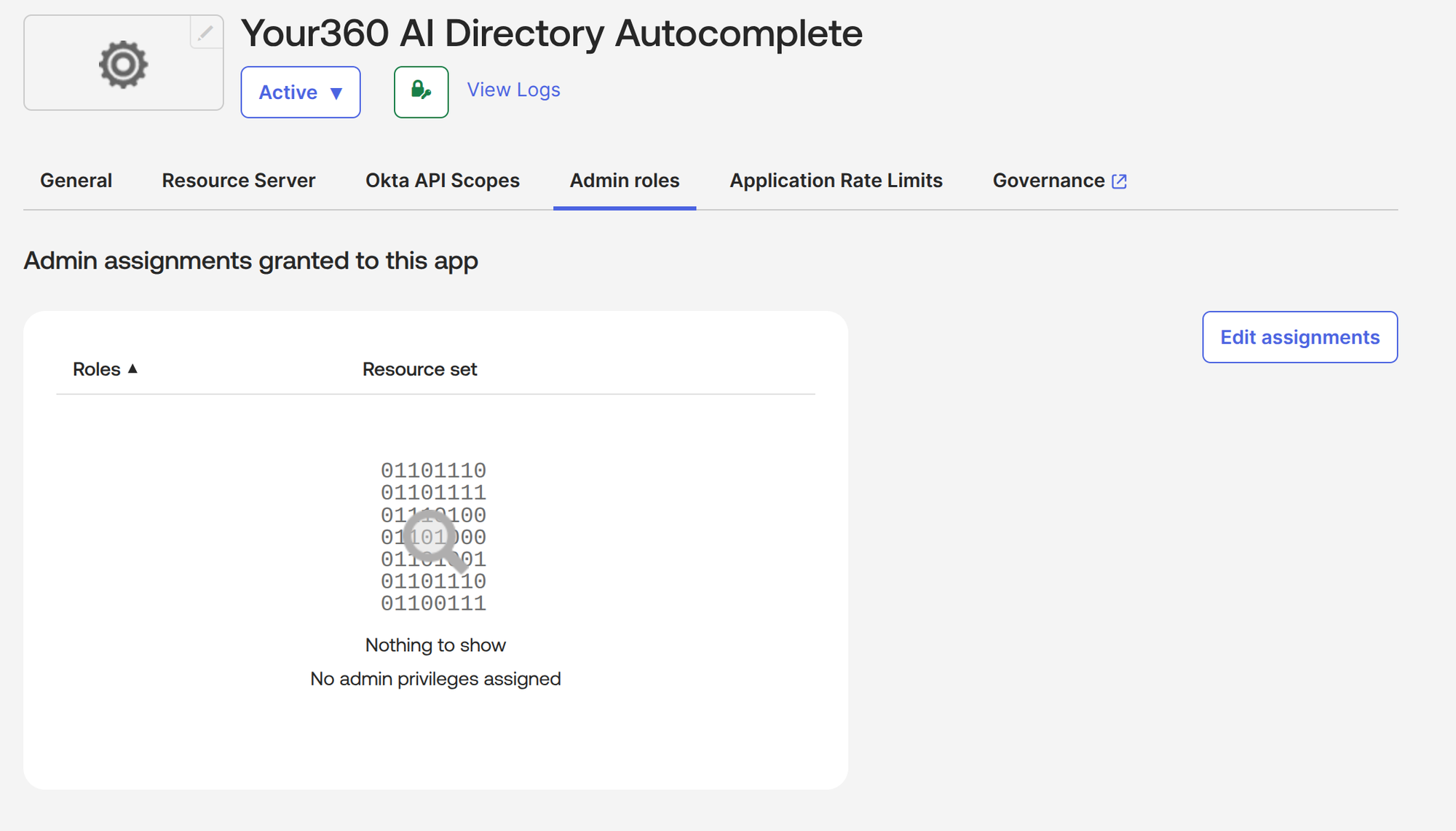 App Admin roles tab showing no admin privileges assigned and an Edit assignments button