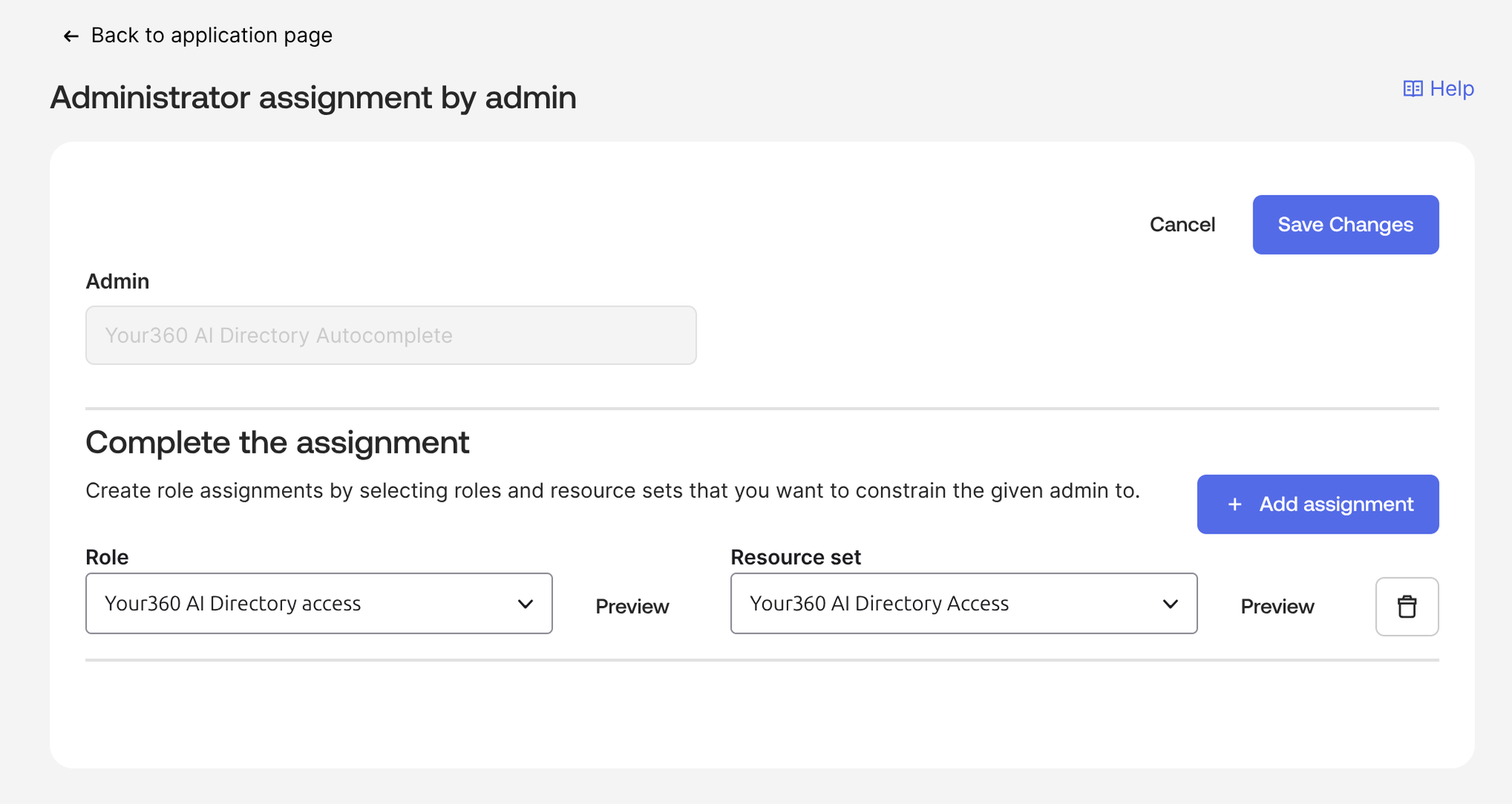 Administrator assignment by admin, with a role and a resource set selected