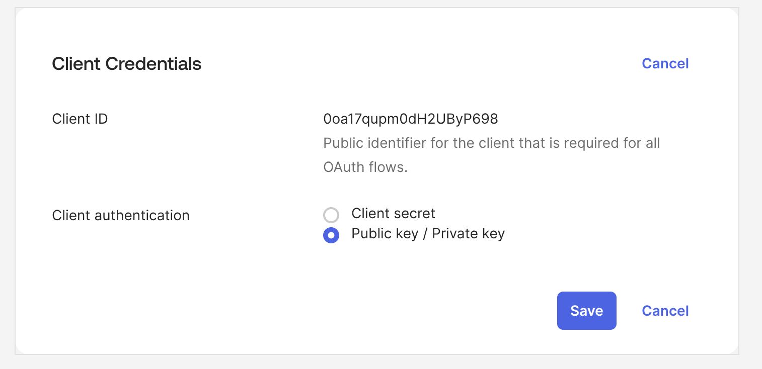 Client Credentials panel with the Client ID and Client authentication set to Public key / Private key