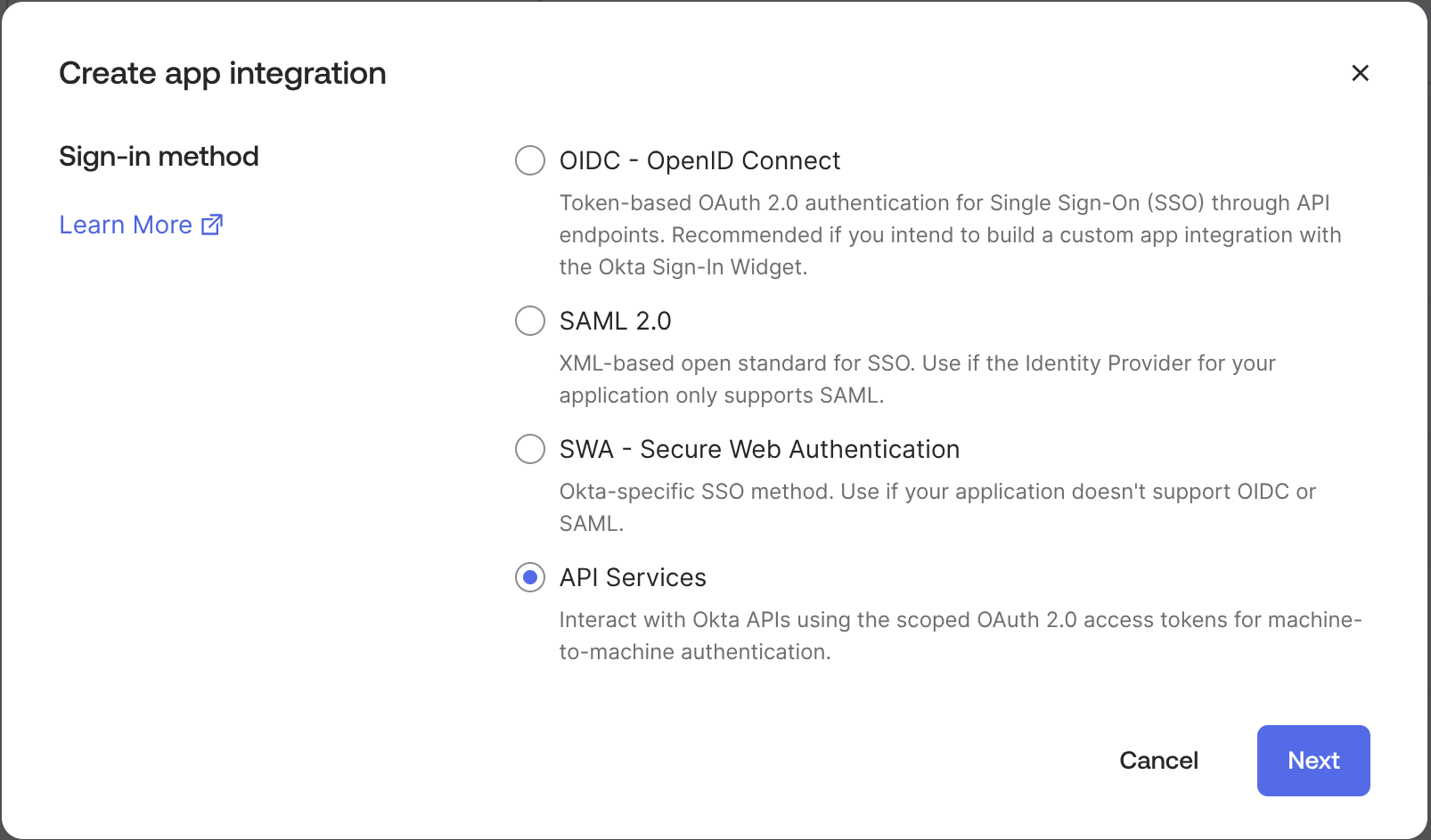 Create app integration dialog with API Services selected