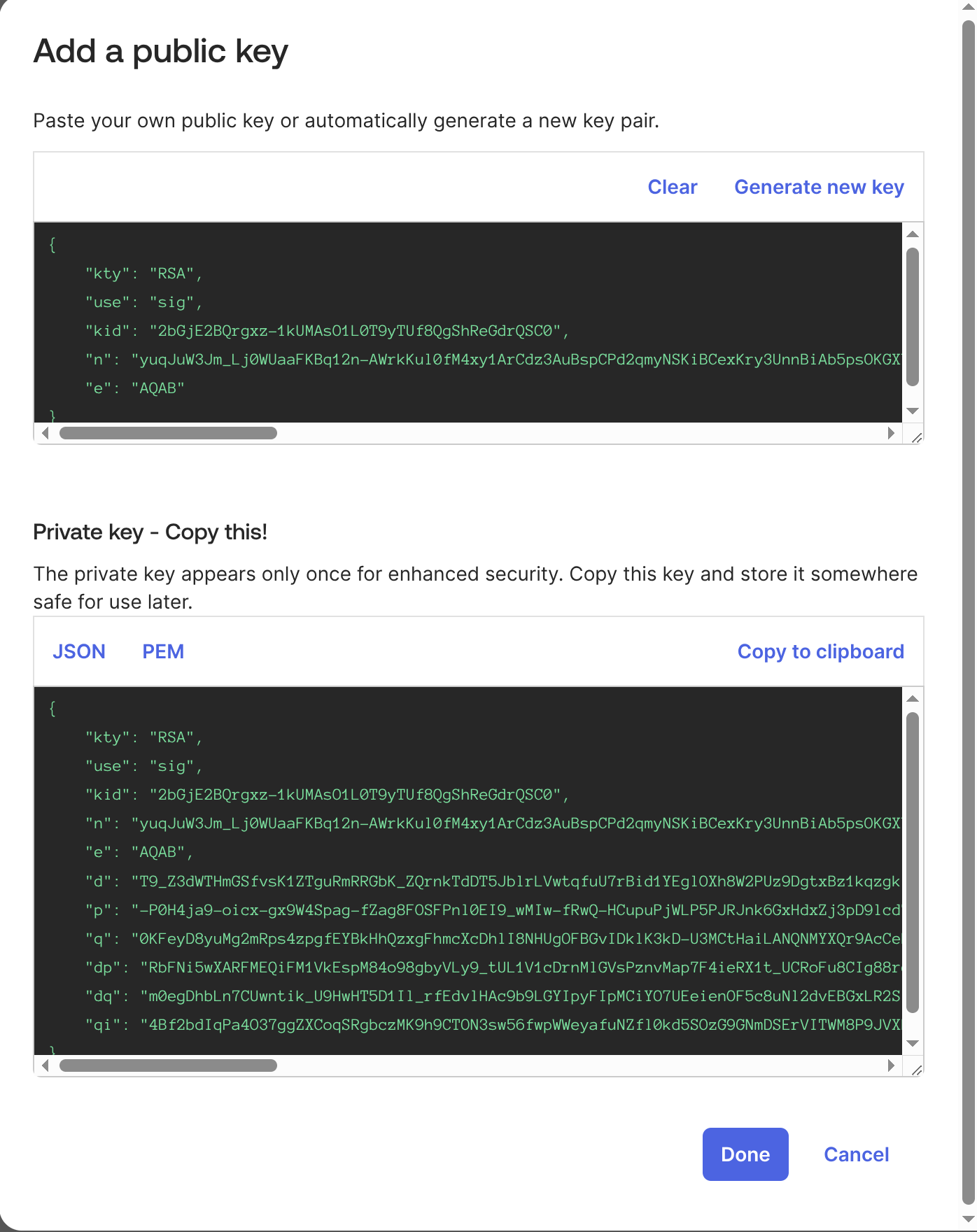 Add a public key dialog after generating, showing the private key with JSON and PEM tabs and a copy button