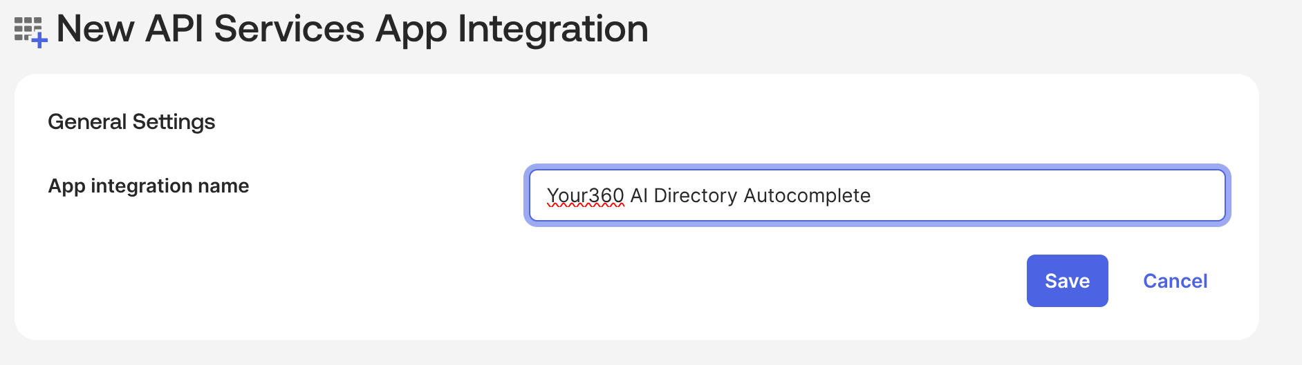 New API Services App Integration, general settings, app integration name