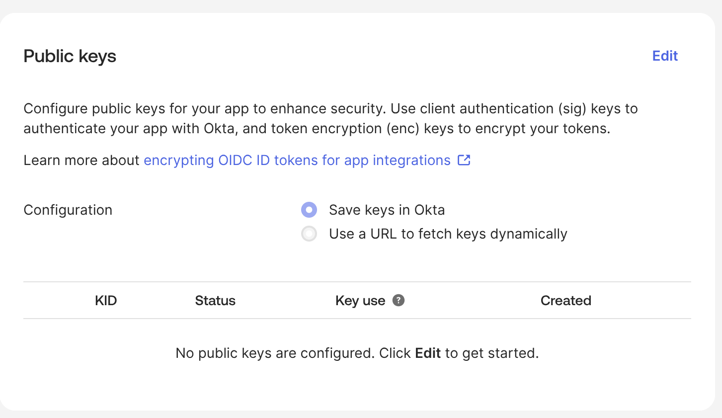 Public keys section of the app's General tab with no keys configured
