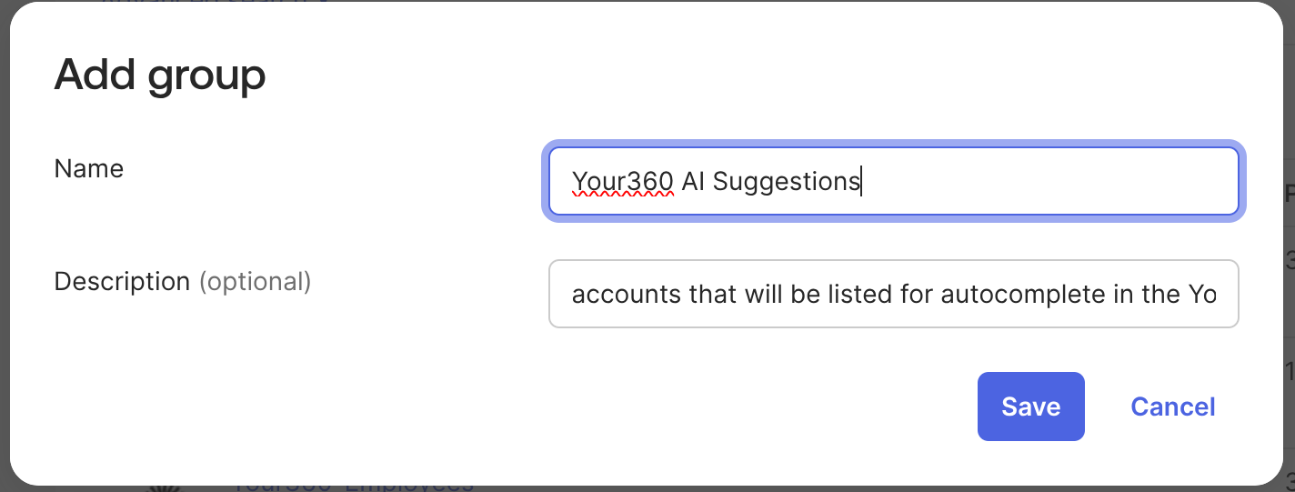 Okta Add group dialog with a name and description filled in