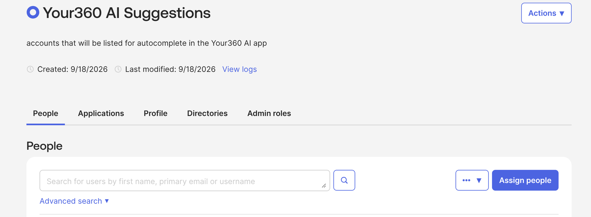 Okta group page, People tab, with the Assign people button