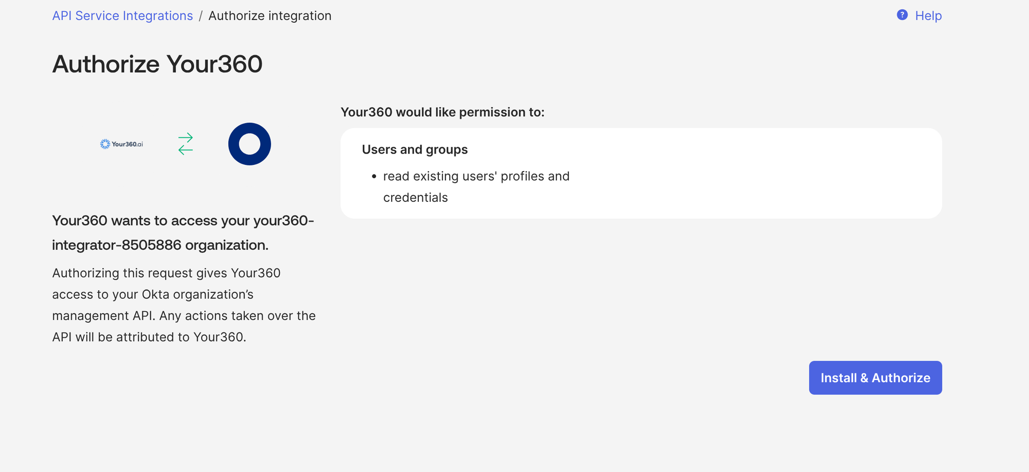 Okta Authorize integration page for Your360, requesting permission to read existing users' profiles and credentials, with the Install and Authorize button