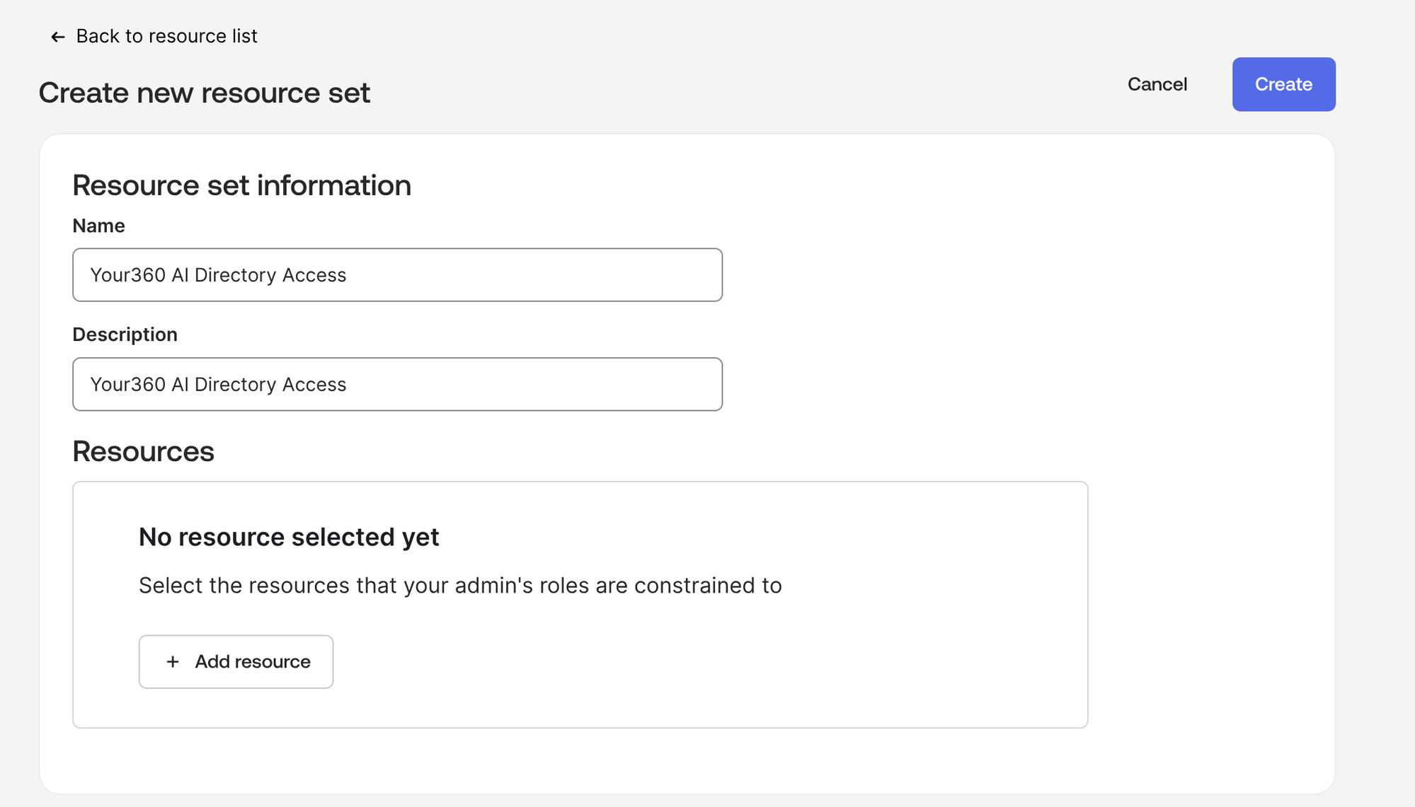 Create new resource set form with name and description, and an Add resource button