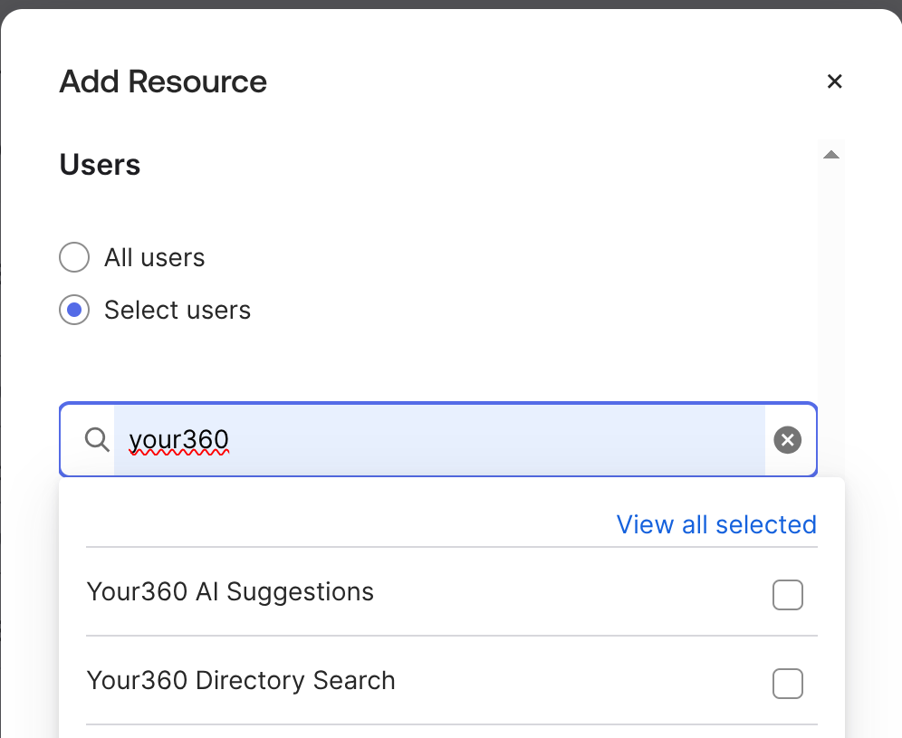 Add Resource dialog with Select users chosen and a group search