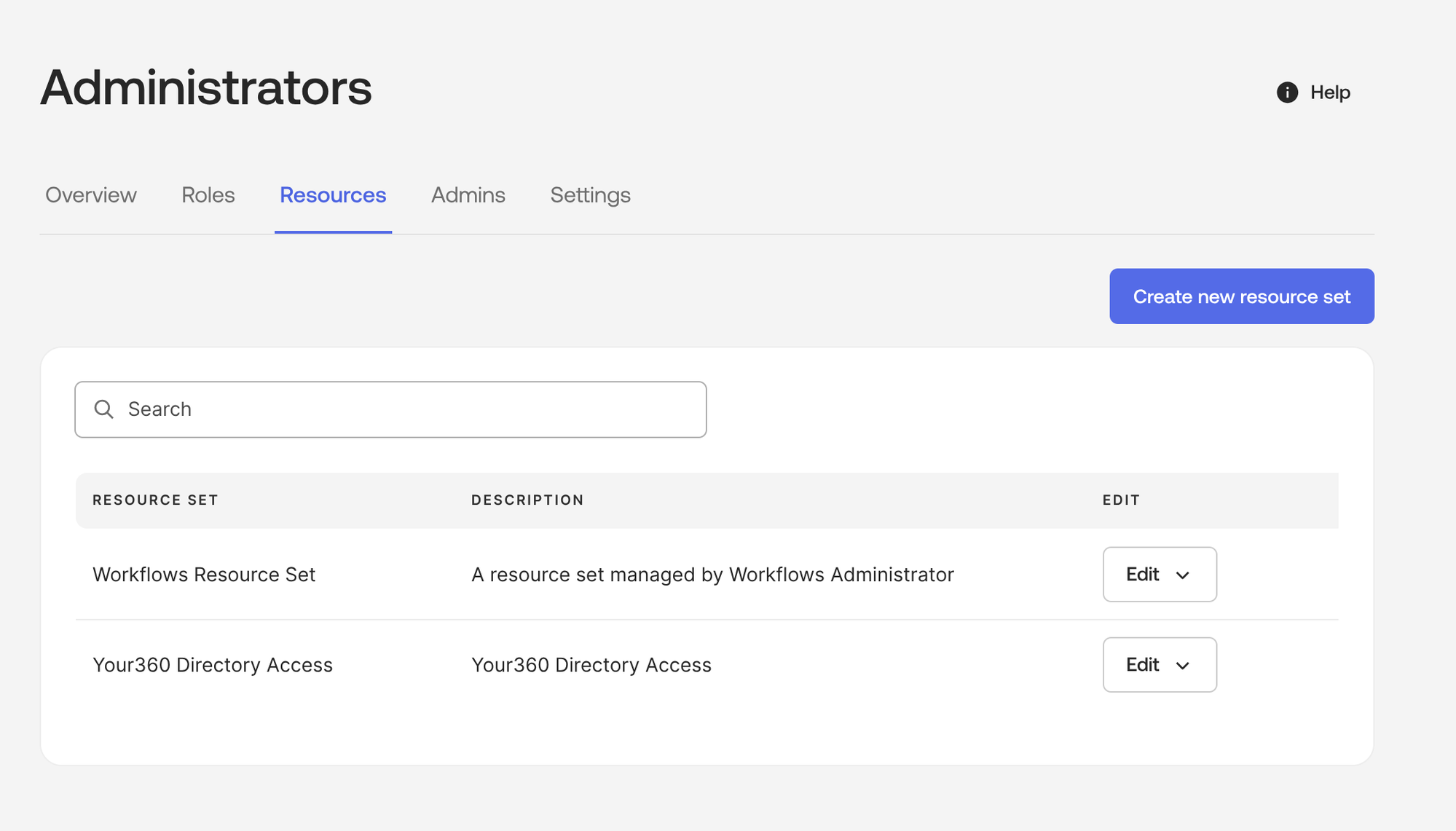 Okta Administrators page, Resources tab, with the Create new resource set button