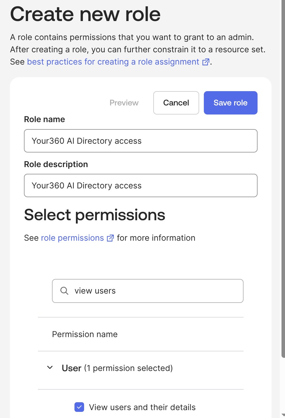 Create new role form with a name and the View users and their details permission selected